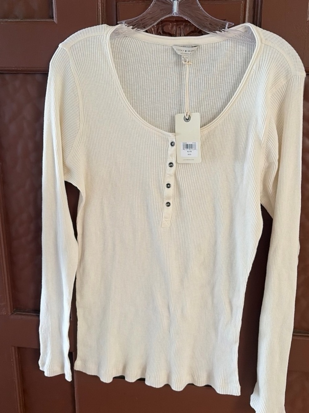 Lucky Brand Cream Ribbed Henley Long Sleeve Top